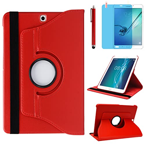 Case for Samsung Galaxy Tab S2 9.7 inch (SM-T810 T813 T815 T817 T818 T819), 360 Degree Rotating Stand Case Smart Protective Cover, Bonus Stylus Pen,Screen Film (Red)