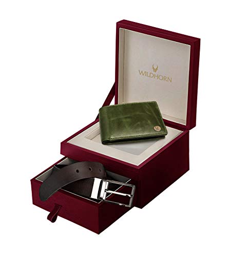 Image of WildHorn Gift Hamper for Men I Leather Wallet & Belt Combo Gift Set I Gift for Friend, Boyfriend,Husband,Father, Son etc (GREEN2)