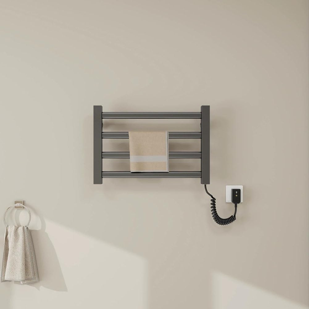 Small Heated Towel Rack, Towel Warmer 4 Bars for Bathroom Wall Mounted,Electric Towels Dryer Rack with Hooks,Fast Heating,Bath Decor,Drilling/No-Drill,Gray