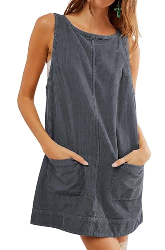 HaniLav Damen Ärmelloses Cord-Overallkleid, Rundhalsausschnitt, A-Linie, Pullover, Minikleid mit Taschen, GRAU, Mittel