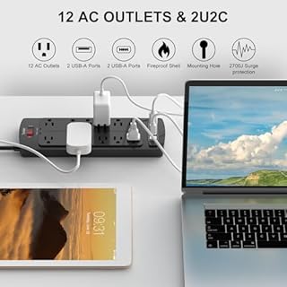 6 Ft Extension Cord Power Strip, Teiobar Surge Protector with 12 AC Outlets and 4 USB Ports for Home, Office, Dorm Essentials, 1875W/15A, 2700 Joules, ETL Listed, Black