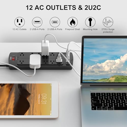 Image of 10 Ft Extension Cord Power Strip, Teiobar Surge Protector with 12 AC Outlets and 4 USB Ports for Home, Office, Dorm Essentials, 2700 Joules, ETL Listed, Black