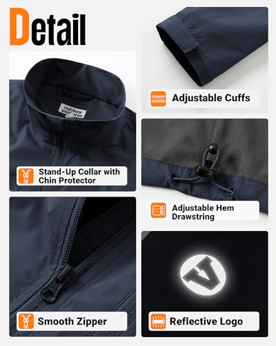 Outdoor Ventures Mens Lightweight Jacket Waterproof Softshell Jackets with Velvet Lined Stand Collar Windbreaker for Hiking Running Cycling Golf Navy Blue L - Image 5