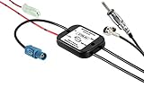 aktiver Rundfunkverteiler AM/FM - DAB/DAB+ für passive Antennen,  Aufteilung der analogen und digitalen Radiosignale,  Plug and Play bei vielen PKW-Typen,  geringer Platzbedarf (ca. 4x4x1 cm),  Anhebung des Signalpegels (ca. 20 dB),
