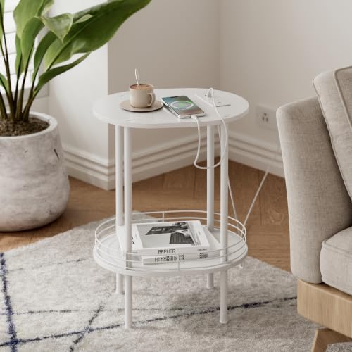 Image of Small Oval Side Table with Charging Station, 2-Tier White Round End Table | Narrow Nightstand with USB Ports and Outlets, Bedside Table for Small Space - Living Room, Bedroom, Nursery,(1PC,White)