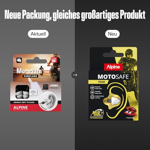 Alpine MotoSafe Tour Gehörschutz Ohrstöpsel Touringstöpsel - Verhindern Gehörschäden vom Motorradfahren - Verkehr noch hörbar - Bequemes hypoallergenes Material - Wiederverwendbar