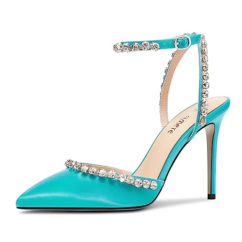 Castamere Femmes Aiguille Haut High Talon Heel Pointu Bout Lanières Cheville Diamant Cristal Escarpins Danse Satin 10 CM Heels Bleu Cyan 45 EU