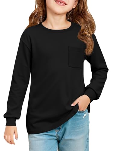 Haloumoning Girls Long Sleeve Shirts Kids Crewneck Soft Tunic Tops Basic Casual T-Shirts 5-14 Years with Pocket