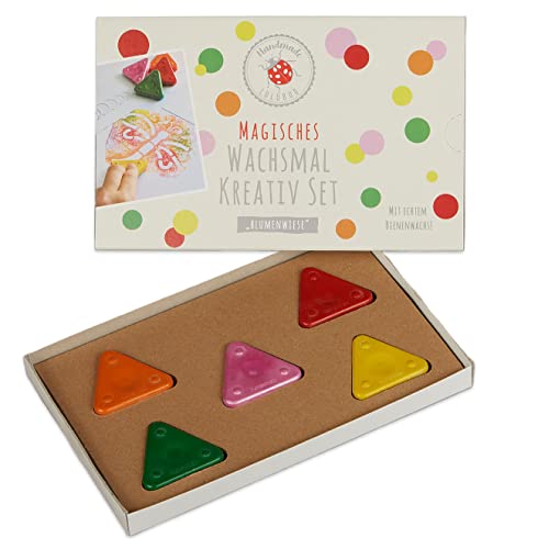 Lulubug Magisches Wachsmalset| 4 Wachsmal Dreiecke, 1 Wachsmal Dreieck Metallic, 5 Schablonen | Wachsmalblöcke, Wachsmalstifte | Motiv: Blumenwiese
