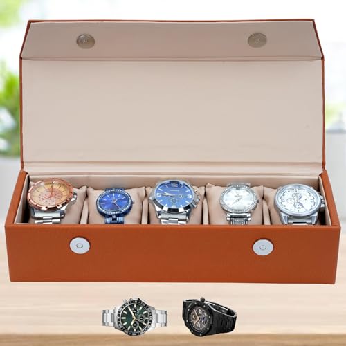 Image of Hard Craft Watch Organizer Holder Jewelry Accessories Display Storage Case Watch Organiser Collection Box 5 Slots In PU Leather For Men Women Rust Color