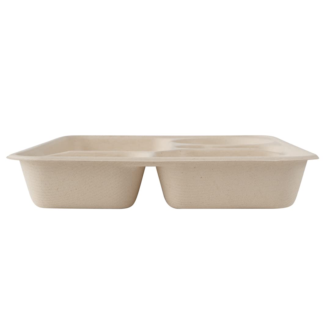Restaurantware Pulp Tek - Recipientes de 1,219.0 g para llevar, 100 recipientes sostenibles, tapas se venden por separado, 5 compartimentos, platos de bagazo hechos de fibras de caña de azúcar, aptos