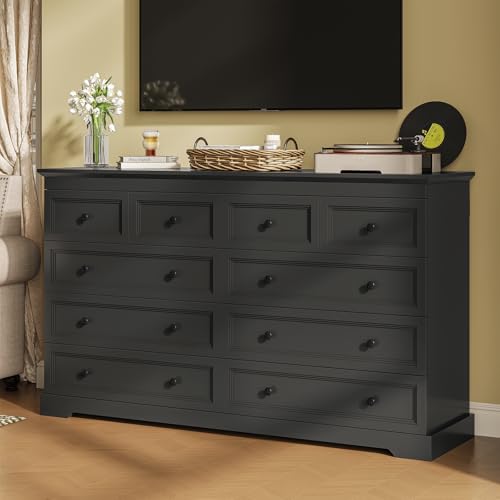 10-Drawers-Dresser-Black-Large-Chest-of-Drawers-55-Long-TV-Stand-DresserWide-Dresser-Storage-Organizer-for-Bedroom-Living-Room-551-W-x-350-H-x-158-D 10 Drawers Dresser Black Large Chest of Drawers 55 Long TV Stand DresserWide Dresser Storage Organizer for Bedroom Living Room 551 W x 350 H x 158 D
