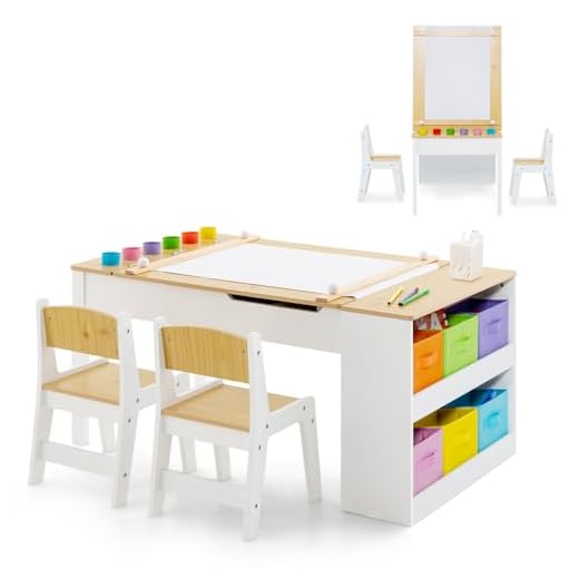 INFANS 3 in 1 Kids Art Table and Chair Set, Toddler Craft Play Wood Activity Desk with 2 Chairs Storage Canvas Bins Paper Roll for Writing Drawing, Children Furniture for Daycare Nursery
