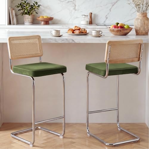 Image of Zesthouse Natural Rattan Bar Stools Set of 2, Modern Boho Bar Height Stools | 30 inch Mid Century Modern Barstools with Solid Wood Back & Cane Mesh, Vintage Velvet Fabric Barstools with Chrome Base, Green