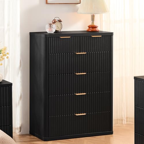 Image of LEYAOYAO Fluted 6 Drawers Dresser for Bedroom Set of 2, 42 inch Tall Modern Chest of Drawers with Metal Handle, Curved Profile Design,Black Wood Drawer Organizer for Bedroom, Living Room, Hallway