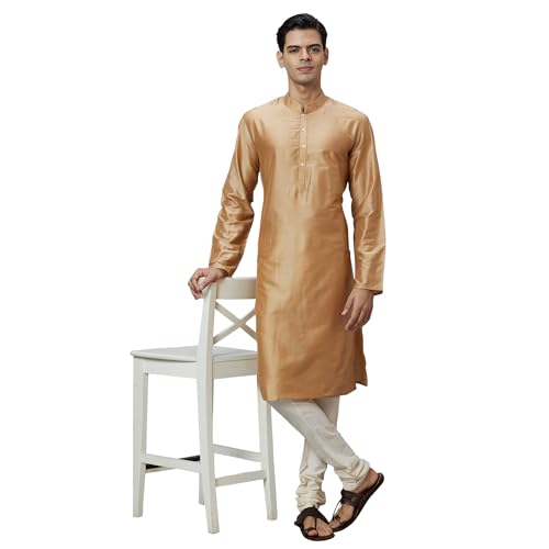 Image of Ethnix by Raymond Men Regular Fit Solid Pattern Solid Pure Polyester Full Sleeve Stand Collar Kurta Only