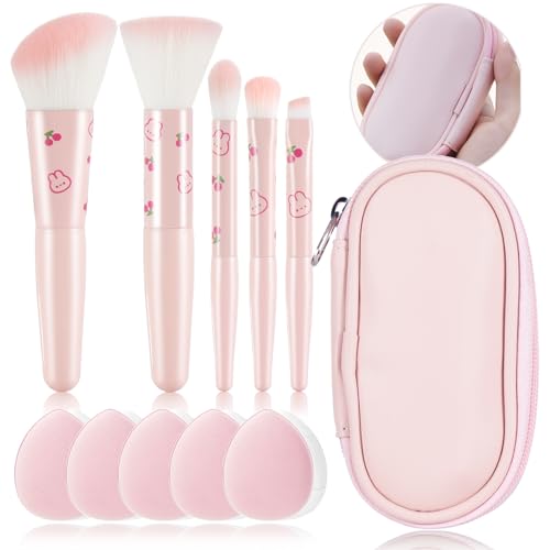 5Pcs Pink Printed Travel Makeup Brushes With Bag and 5Pcs Finger Puff Cosmetic Tool Kit Soft synthetic Fiber for Foundation, Powder, Brush, Eye Shadow, Eyebrow Powder Gift for Women/Girls/Kids