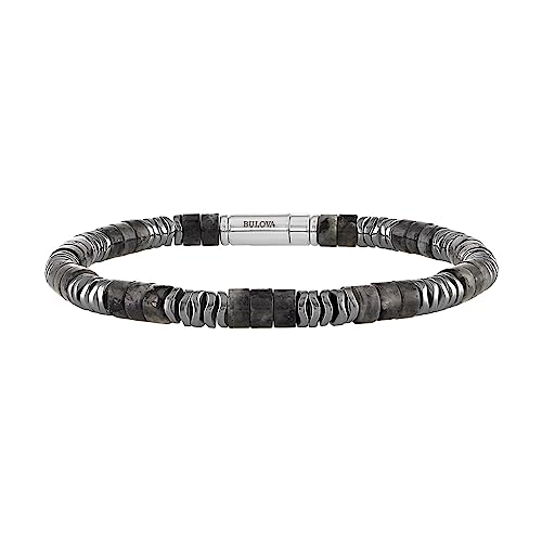 Bulova Jewelry Men's Classic Cylinder Shaped Labradorite and Wavy Stacked Hematite Beaded Bracelet, Length 8.5