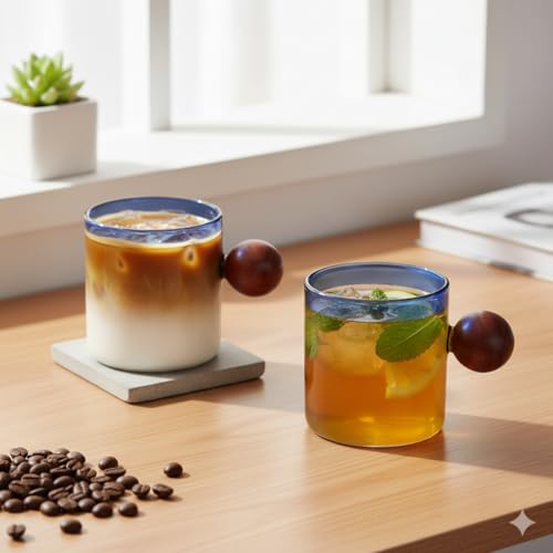 Image of UMAI Borosilicate Glass Coffee Mug with Wooden Handle | Tea Cups Set of 2 (120ml Each) | High Heat Resistance | Microwave and Dishwasher Safe | Ideal Gifts for Friends /Family /Couples (Blue)