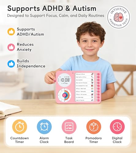 Image of 3-in-1 Visual Timer & ADHD Tool for Kids - ADHD Task Timer for Adults with Visual Schedule, Chore Chart & Planning Board for Home, School, Classroom, Work (Pink)