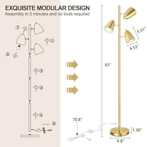Qimh FLOOR-LAMPS Tree Floor Lamp With 3 Light Bulbs, Standing Tall Pole Lamps For Living Room Bedroom Office, Reading Stand Up Lamps With 3 Adjustable Arms thumb #4