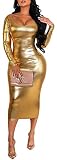 ZonJie Gold Sexy Sparkle Bodycon Dresses for Women Elegant Off Shoulder Long Sleeve Glitter Party Club Dresses,11401 Gold XX-Large