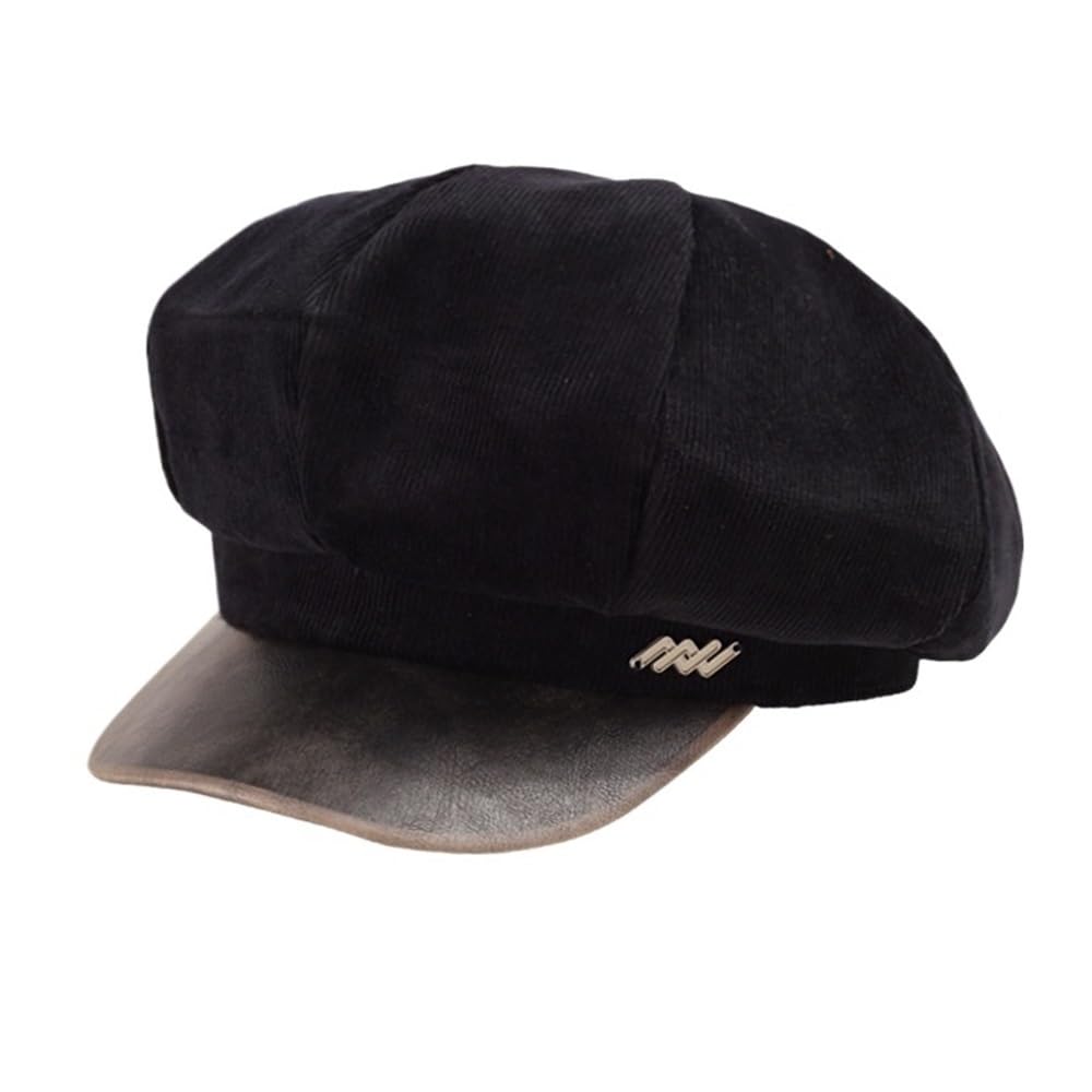Chapeau de Journal en Velours Côtelé pour Femmes Béret Vintage Noir PU