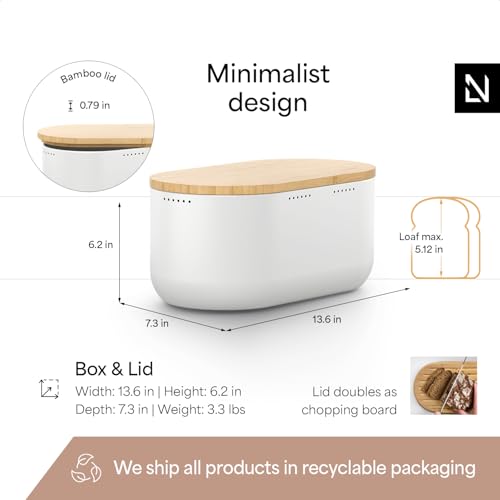 Image of LARS NYSOM Bread Box I Metal bread box for long lasting freshness with non-slip pads I Baked goods Bin with bamboo lid usable as cutting board I 13.6x7.3x6.2in (Pure White)