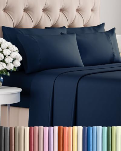 Image of Queen 6 Piece Bed Sheet Set - Soft, Breathable & Cooling Sheets - Dark Blue