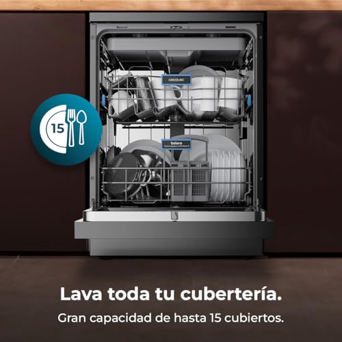 Cecotec Geschirrspüler 60 cm - Freistehend Bolero Aguazero 6210 Dark D. 15 Bestecke, energieeffizient, XXL Fullcolor Display, drittes Fach, 14 Programme, Dual Zone Wash, verstellbares Fach, Dunkel