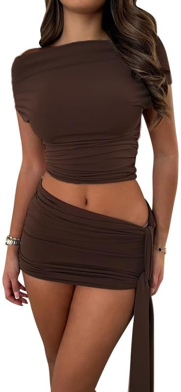 Women's 2 Piece Outfits One Shoulder Hem Crop Top and Ruched Bodycon Mini Skirt Asymmetrical party beachwear