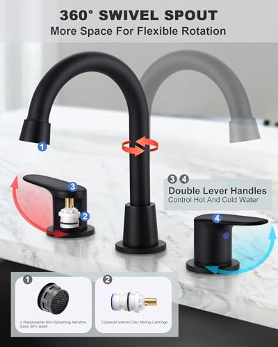 Robinet d'évier de salle de bain large noir mat 2 poignées