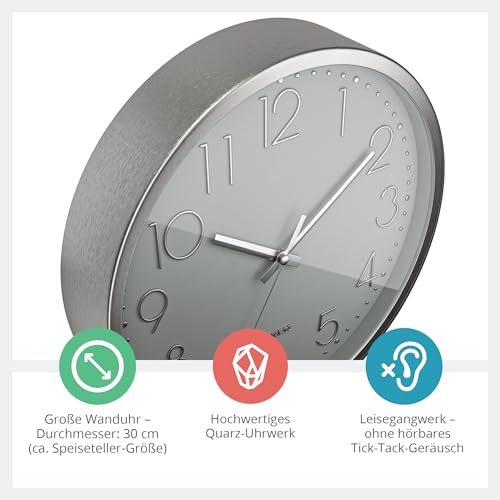Mebus Wall Clock, Plastic Aluminium, Silver/Grey, 30 cm - Image 3