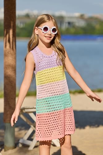 Image of Haloumoning Girls Color Block Crochet Knit Swim Cover up Kids Summer Sleeveless Beach Dress 5-14 Years