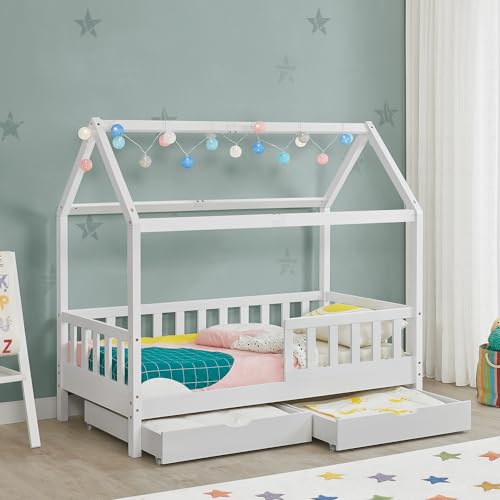Juskys® Kinderbett Marli 90 x 200 cm mit Bettkasten 2-teilig, Rausfallschutz, Lattenrost & Dach - Massivholz Hausbett für Kinder - Bett in Weiß