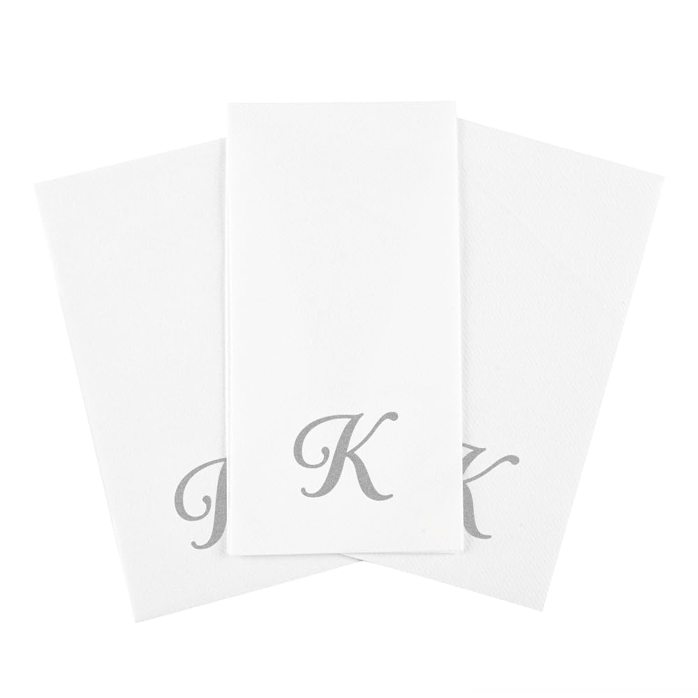 Restaurantware Luxenap - Toallas de invitados de 15.8 x 7.9 pulgadas, 50 toallas de mano con letras plateadas, letra cursiva, papel blanco, para baños y mesas