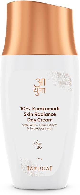 Ayuga 10% Kumkumadi Skin Radiance Day Cream - SPF 30 with Saffron & Lotus Extracts for Sun Protection, Dull & Dry Skin, Pigmentation | Face Cream | 50g