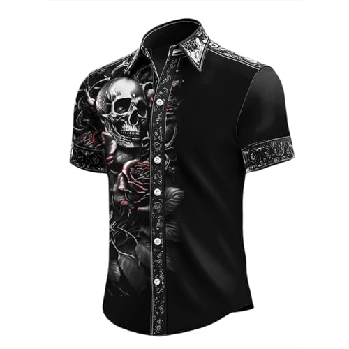 DUHENWU Halloween Kostüm Herren Lustig Langarm Hemd Mit Blutspritzer Muster Revers Regular Fit Funktionshemd Knopfleiste Freizeithemd Totenkopf Party Kostüm Shirt Vintage Männer Oberteil