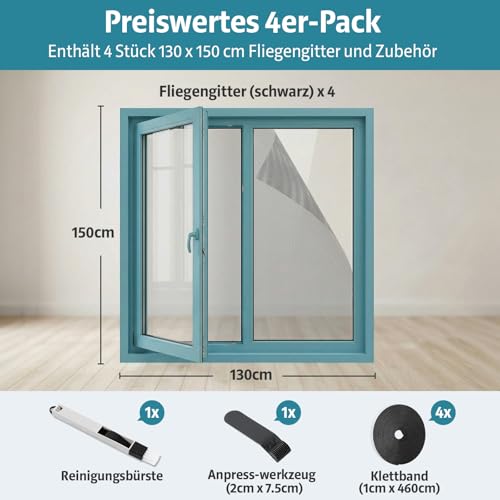 YANGTE Fliegengitter für Fenster 4 Stück 130x150 cm, Insect Stop Insektenschutz mit Klettband selbstklebend, Moskitonetze für Fenster schützen die Familie vor Insekten Schwarz