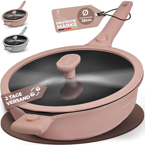 TRAUMLEBEN Bratpfanne 28 cm mit Deckel & abnehmbaren Griffen (Rosa)