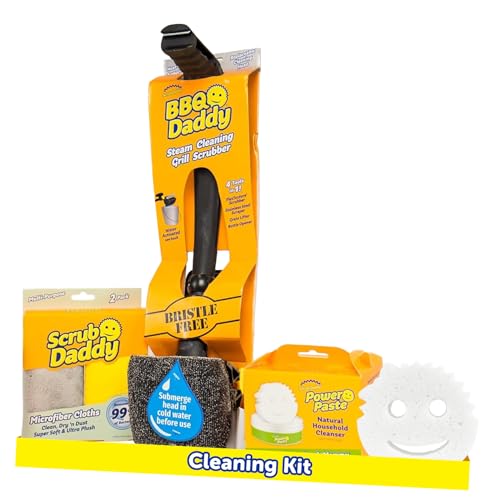 Scrub Daddy Household Cleaning + BBQ Bundle - BBQ Daddy Bristle Free Grill Brush - 2 Microfiber Cleaning Towels - All Purpose Cleaner PowerPaste Cleaning Paste + Scrub Mommy Sponge