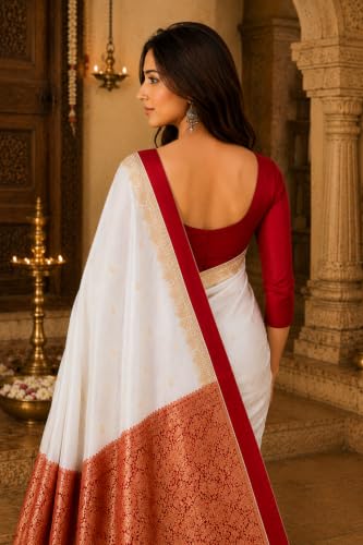 Image of Women's Glory Banarasi Satin Silk Saree Plain Silver Zari | Unstiched Blouse Piece Included.