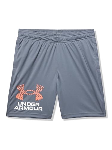 Under Armour Boys Tech Logo Shorts, (025) Castlerock/White/Fire, Medium Plus