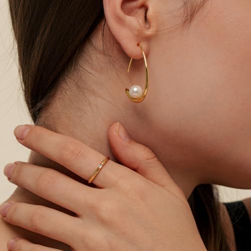 Teardrop Pearl Earrings for Women, 18K Gold Plated Dangle Hoop Earrings - image 4