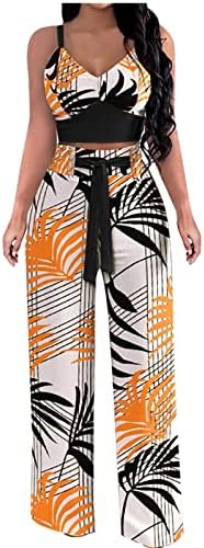 Women's Two Piece Outfit Summer Floral Cami Crop Top with High Waist Wide Leg Pants Sets Hawaiian Vacation Suits