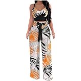 Women's Two Piece Outfit Summer Floral Cami Crop Top with High Waist Wide Leg Pants Sets Hawaiian Va