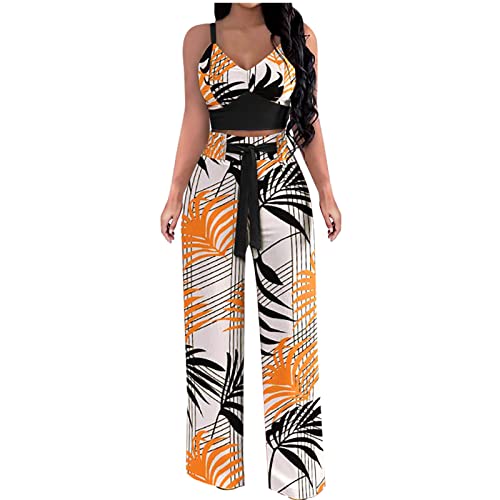 Women's Two Piece Outfit Summer Floral Cami Crop Top With High Waist Wide Leg Pants Sets Hawaiian Vacation Suits #TOP2
