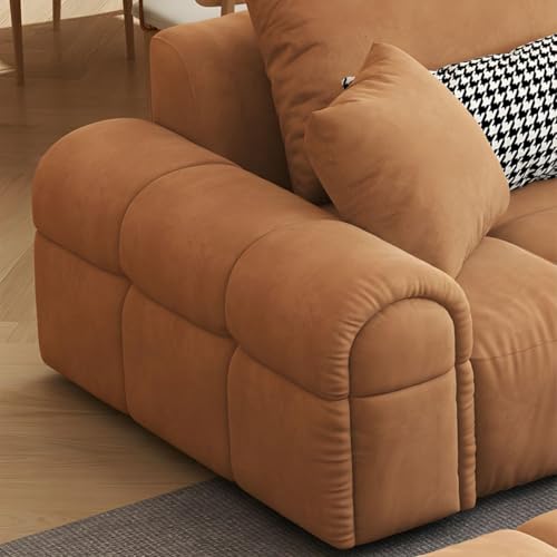 Image of Modern Cloud Puffy Velvet Sofa Tufted Structure Round Arm L-Shaped Sofa Set Round Back with Throw Pillows for Living Room (L Shape +1 & Footrest, Rust Orange)
