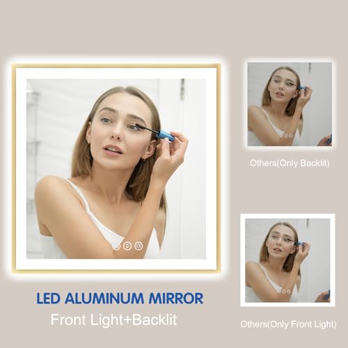 ISTRIPMF 40x32 LED Mirror for Bathroom with Gold Frame, Backlit and Front Lighted Bathroom Mirrors for Wall, Stepless Dimmable Vanity Mirror with Lights, Anti-Fog, Memory,Shatterproof