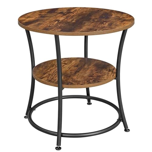 Image of Round end Table with 2 Shelves for The Living Room and Bedroom, Metal-Framed nightstand for Compact Spaces, and Outside Accent Coffee Table-Black Brown